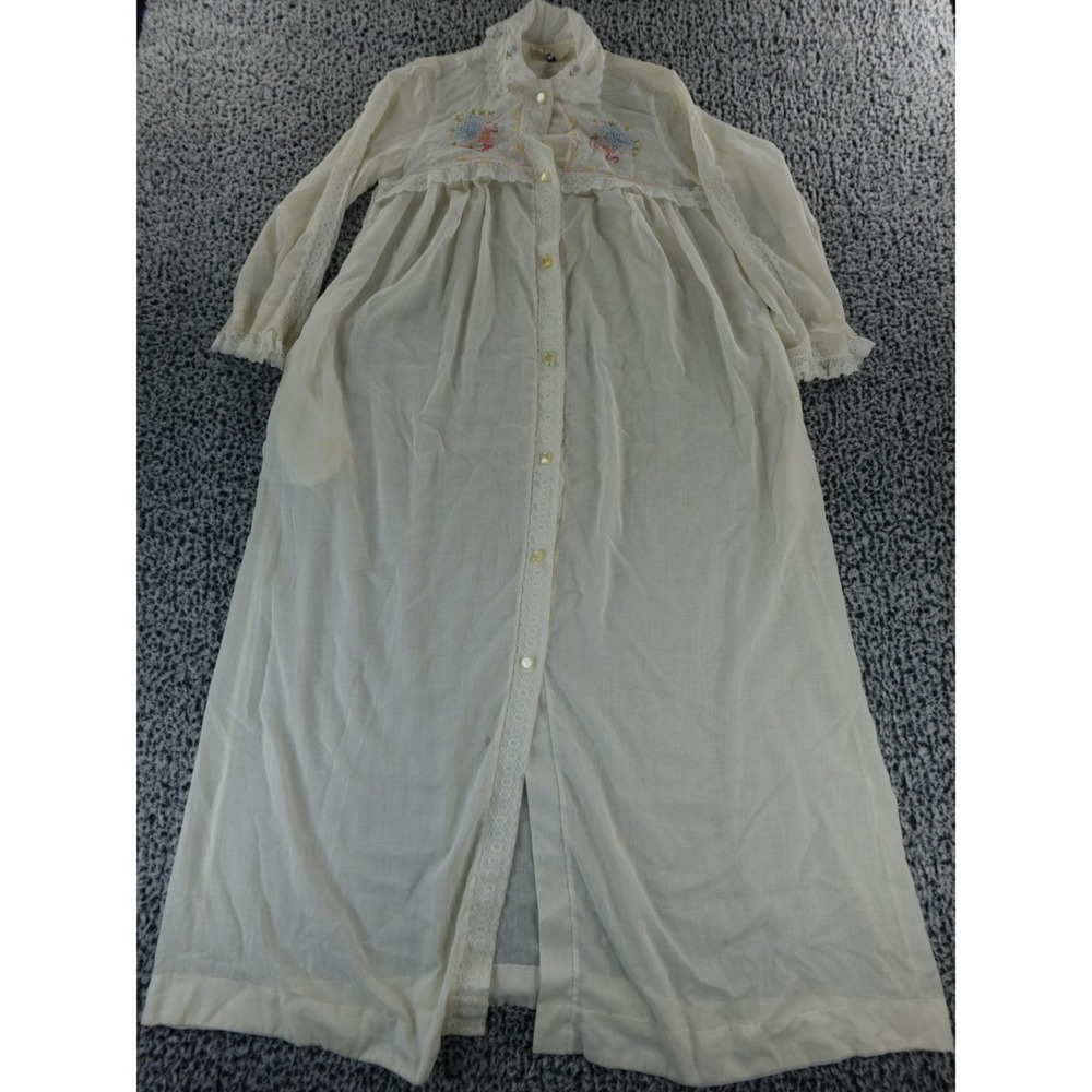 VTG Iris Lingerie Embroidered Floral Lace Trim Long Nightgown Robe Sheer Button‎